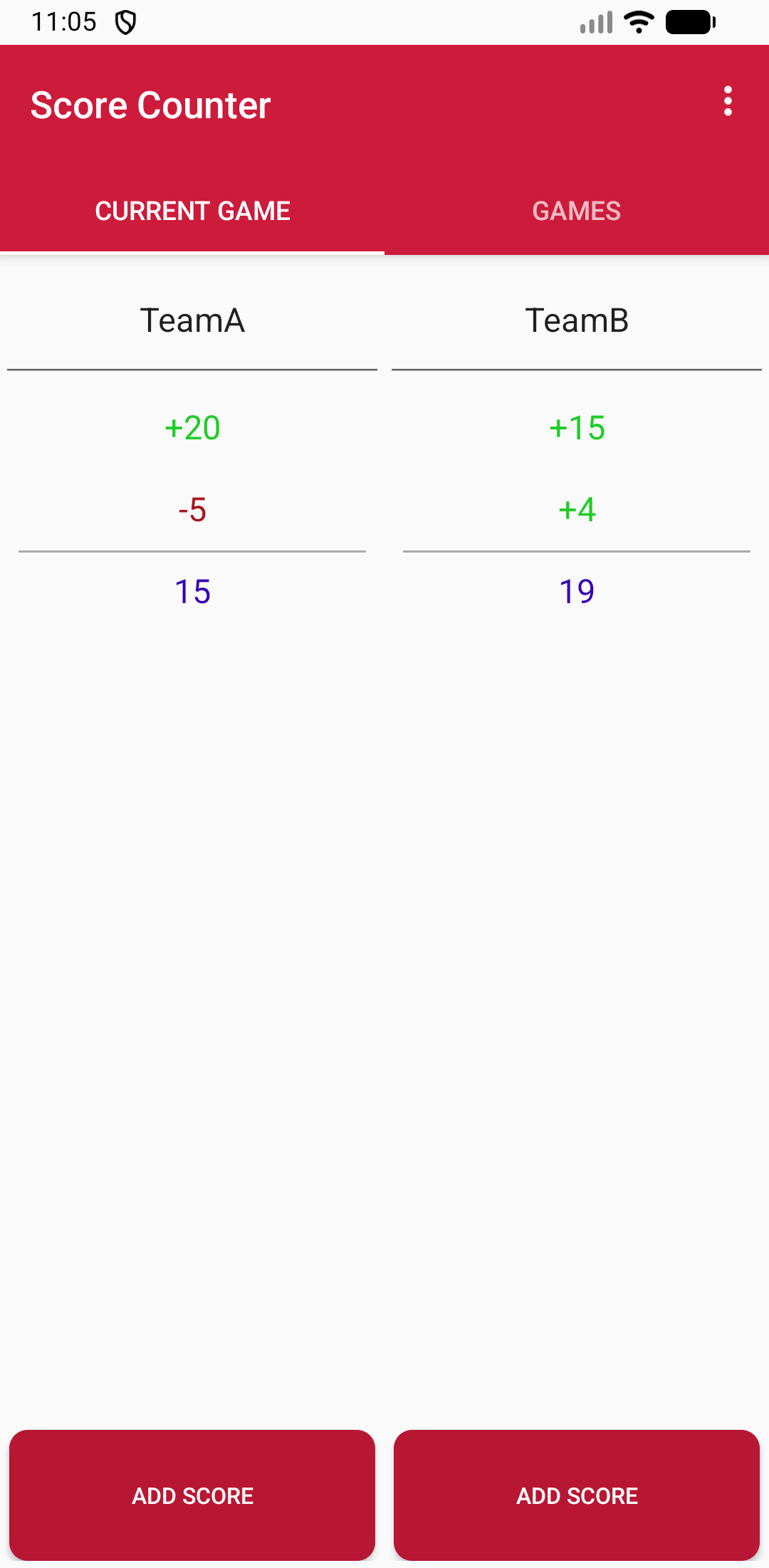 Score Keeper app showing active game with running score totals