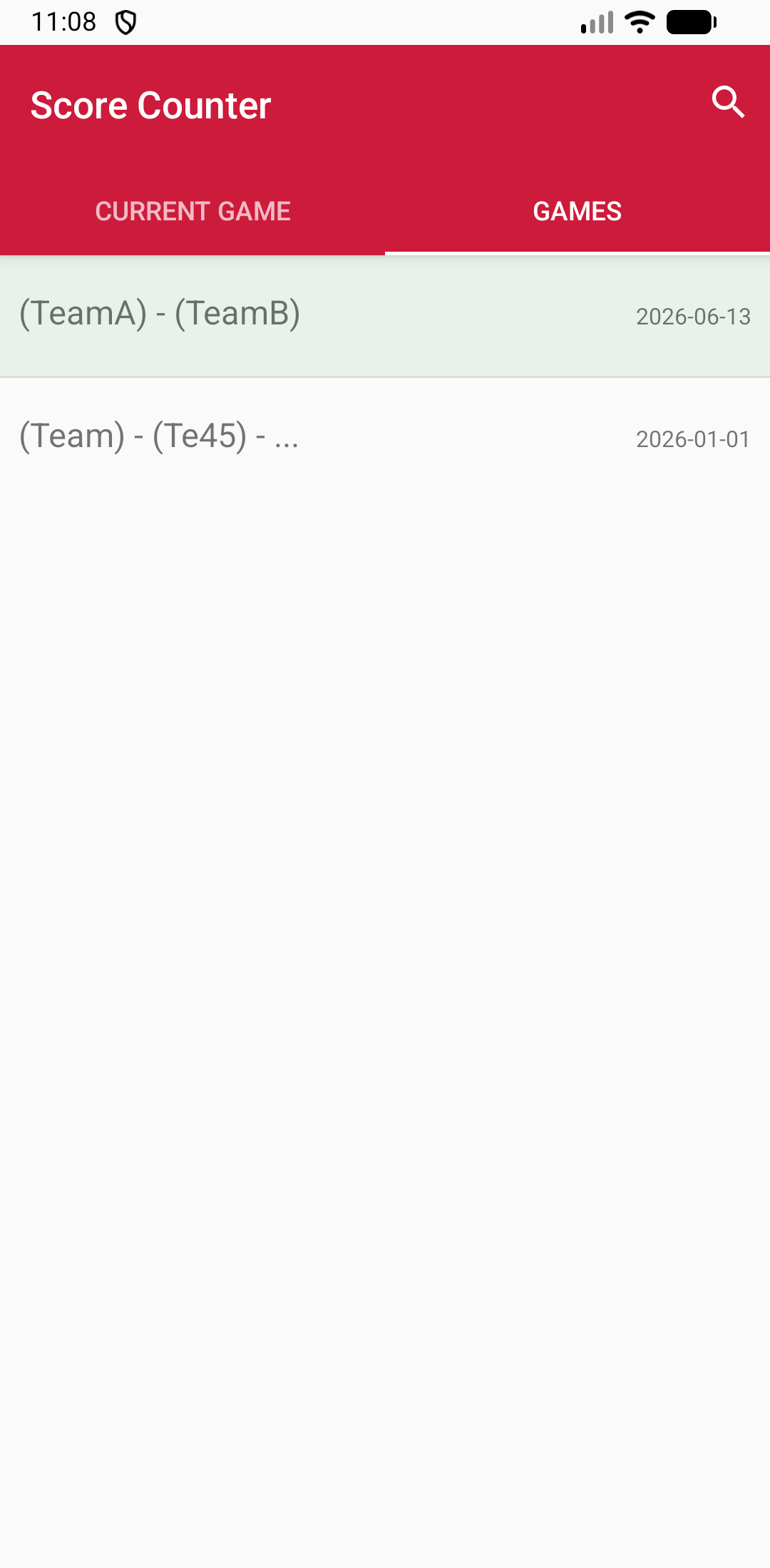 Score Keeper game history screen with saved past games